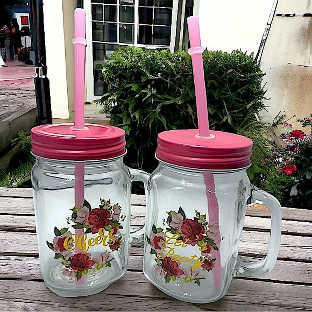 Let’s Party, Cheers Set l Glass Mason Jar, Handle l Pink Straw, Lid l New
